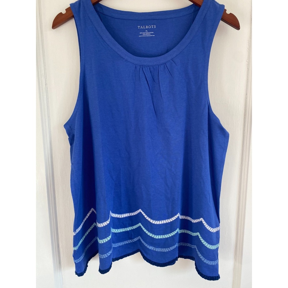 NWT Talbots Scallop Hem Embroidered Tank Top Blue Womens XL Cotton Modal Coastal